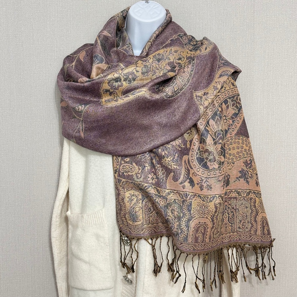 Pashmina Silk Blend Paisley Floral Jacquard Shawl Scarf Plum Gold Wrap 72 x 28